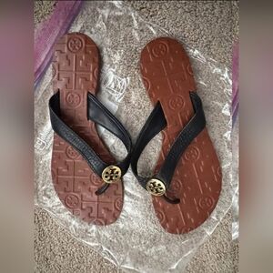 Tory Burch Designer Thora Leather Black Tan Sandals Flip Flop Thong Sz 5